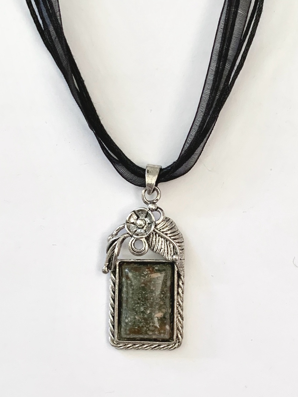 green brown stone silver club rectangle pendant necklace on black ribbon cord